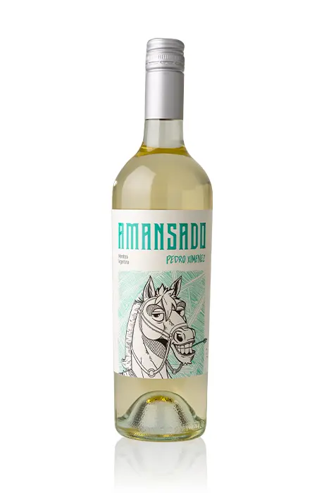 Fles witte wijn uit Argentinië van het wijnhuis Amansado. 100% Pedro Ximinez uit wijnjaar 2022.
