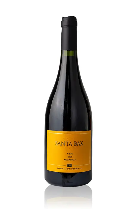 Fles rode wijn, GSM Santa Bax, van Jean Bousquet uit Argentinië Mendoza Tupungato. Wijnjaar 2021