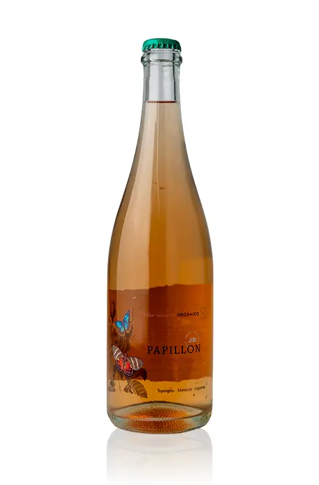 Fles frisse biologische rose wijn uit Argentinië. Papillon Frisante van Jean Bousquet.